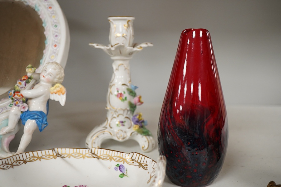 A Dresden style mirror, a Moorcroft pot, Doulton flambé vase and other ceramics, tallest 30cm